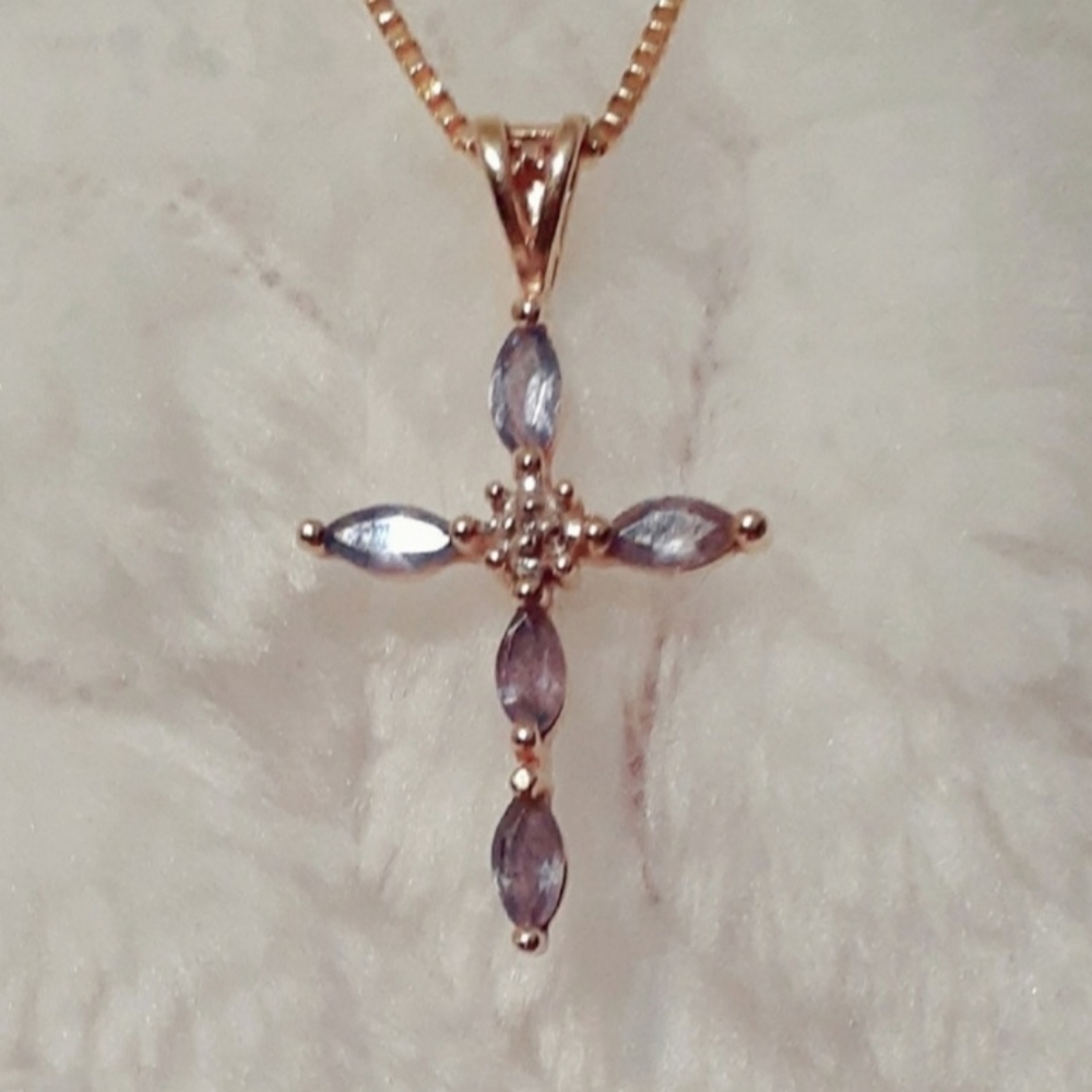 Solid 14k Gold Tanzanite Diamond Cross Pendant - Picture 1 of 14